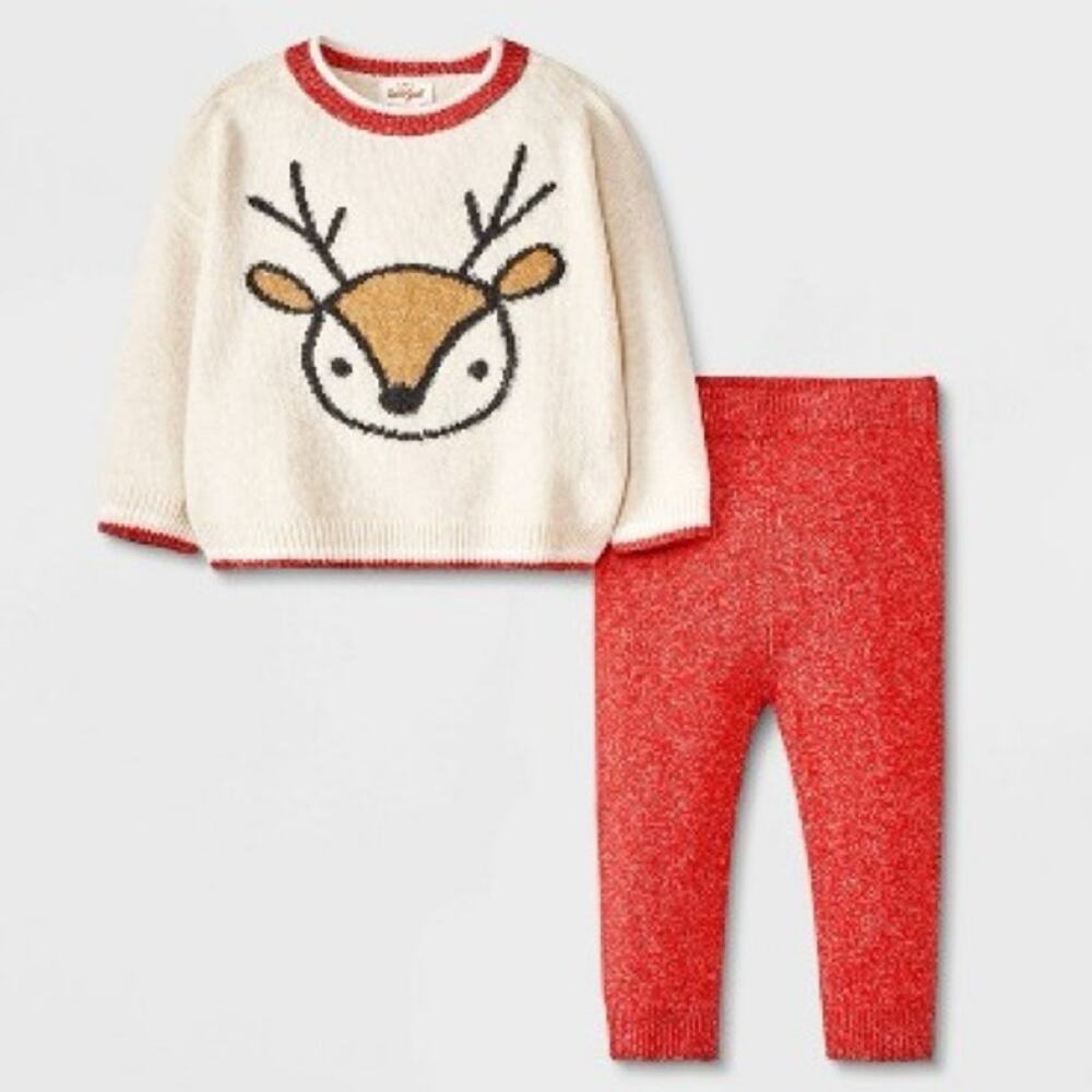 Cat & Jack NWT Baby Reindeer Sweater Set Red Cream Size 3-6M
